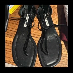 Manolo Blahnik Black Leather T-Strap Flat Sandals